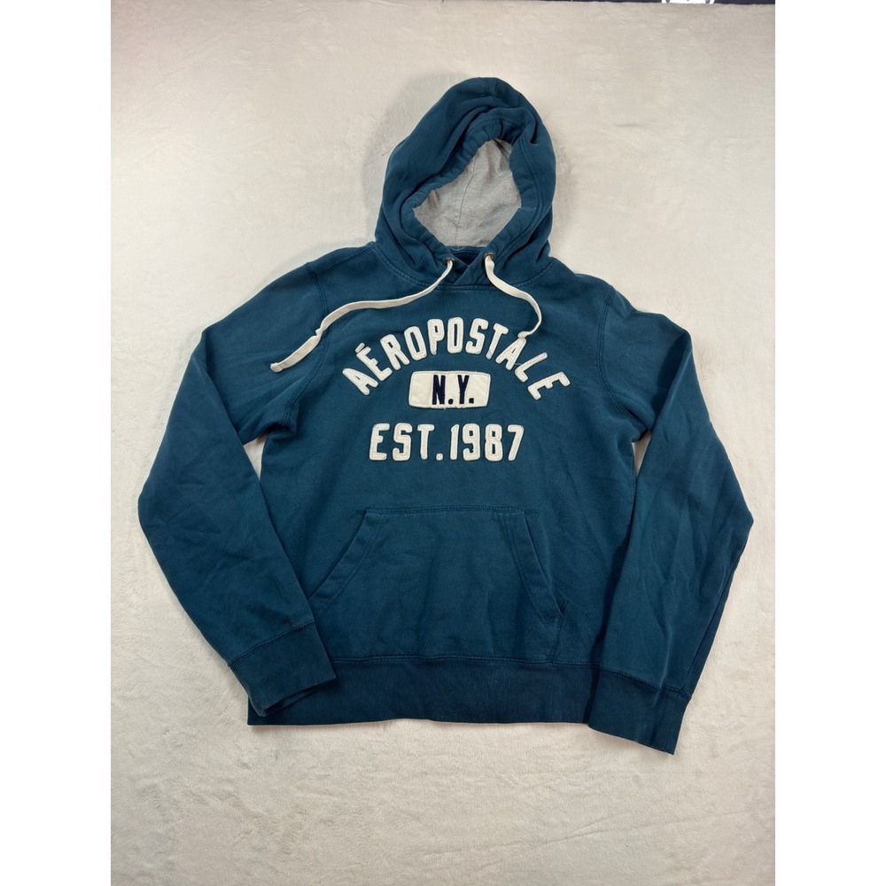 Aeropostale NY Est 1987 Pullover Hoodie Teal Blue Small Applique Logo Sweatshirt